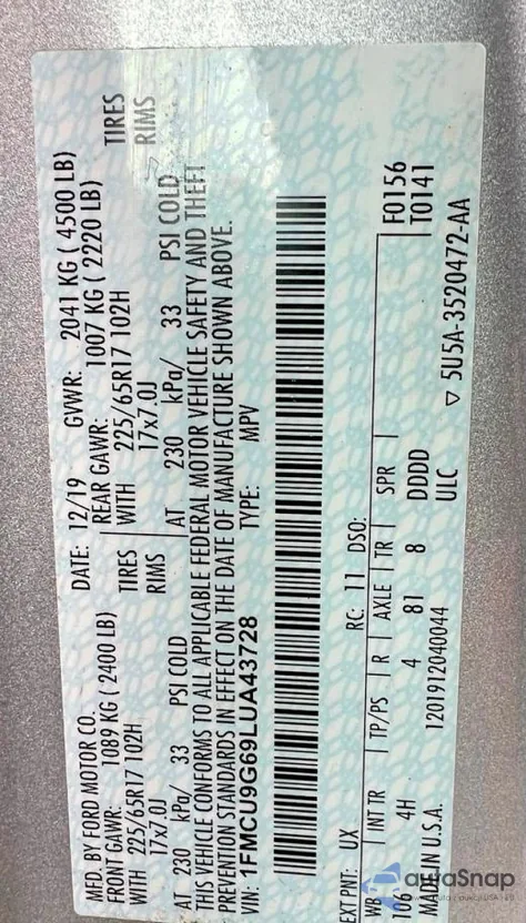 2020 Ford Escape Se from USA, damaged, VIN 1FMCU9G69LUA43728